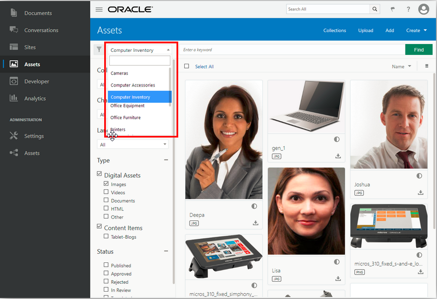 Screenshot showing the Assets page in the Oracle Content Management web interface. Screenshot showing the Assets page in the Oracle Content Management web interface.