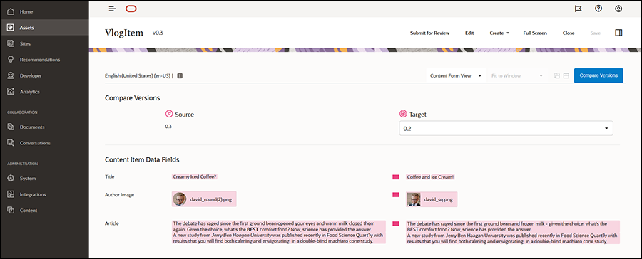 コンテンツ・アイテムのバージョンの比較