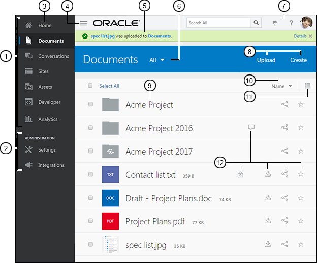 Documents page and callouts corresponding to text that follows
