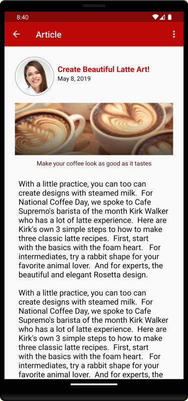 This image shows an individual article page, with the content and an author reference.