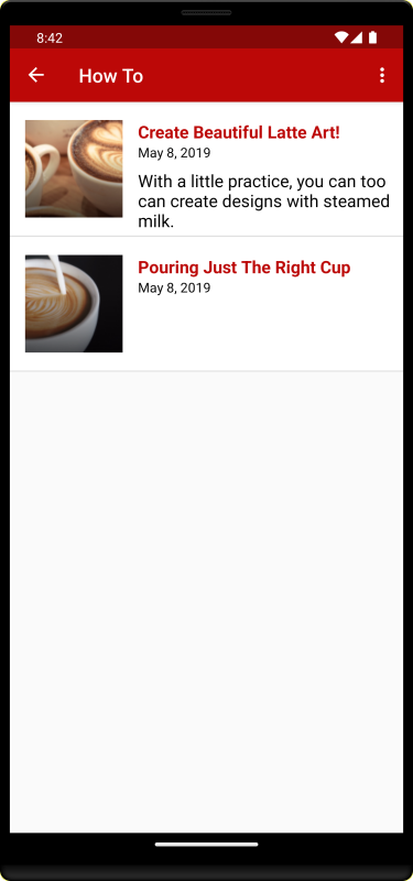 This image shows a topic screen called ‘How To Make Coffee’ with a list of the available articles for that topic.