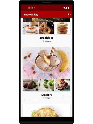This image shows the gallery demo, drilling into the category of breakfast foods with different kinds of bagels, some with cream or toppings, or both.