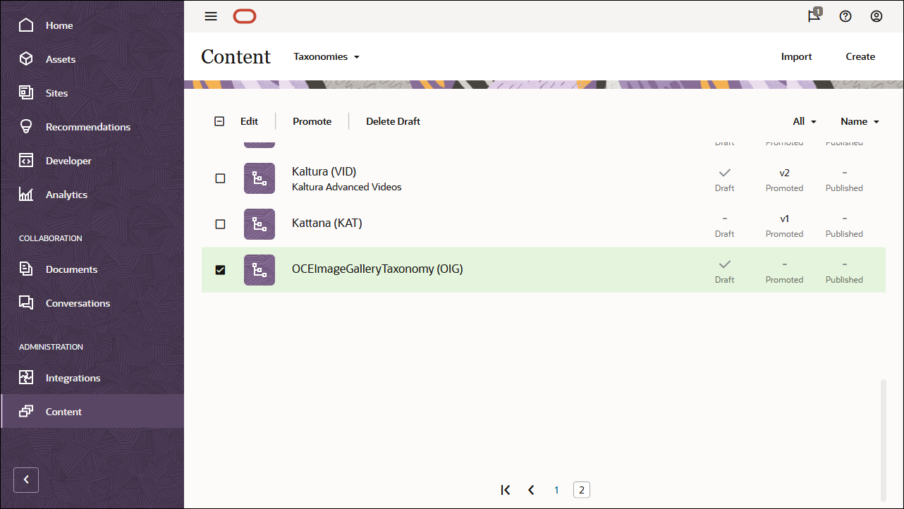 This image shows the OCEImageGalleryTaxonomy taxonomy selected in the list, with the Promote option in the action bar visible.