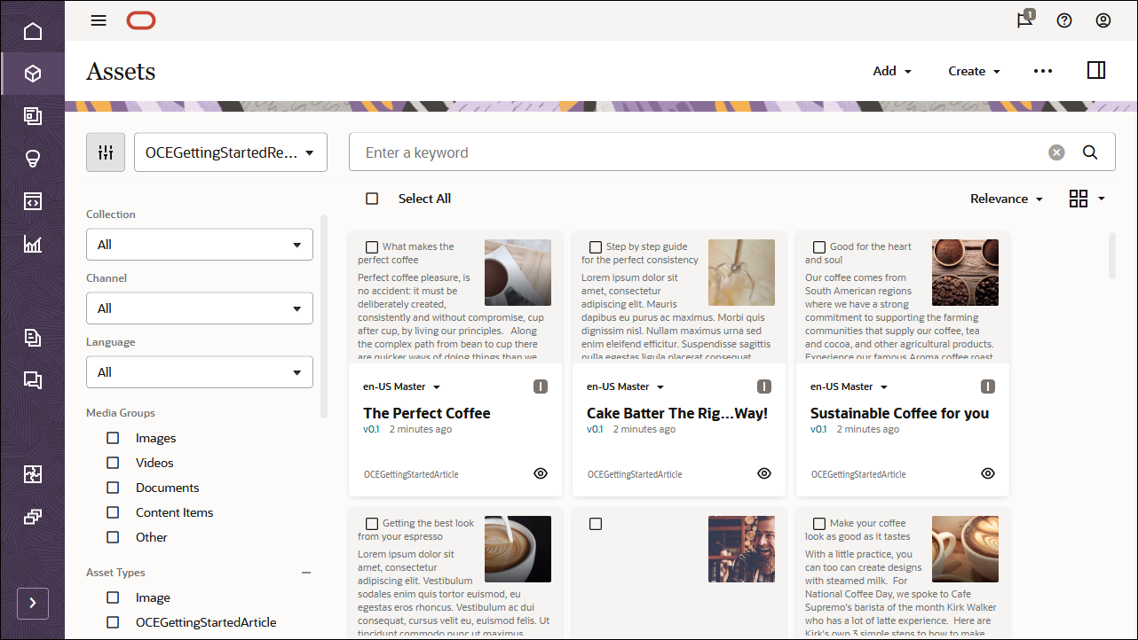 This image shows the OCEGettingStartedRepository repository, with all assets that were just imported. This image shows the OCEGettingStartedRepository repository, with all assets that were just imported.