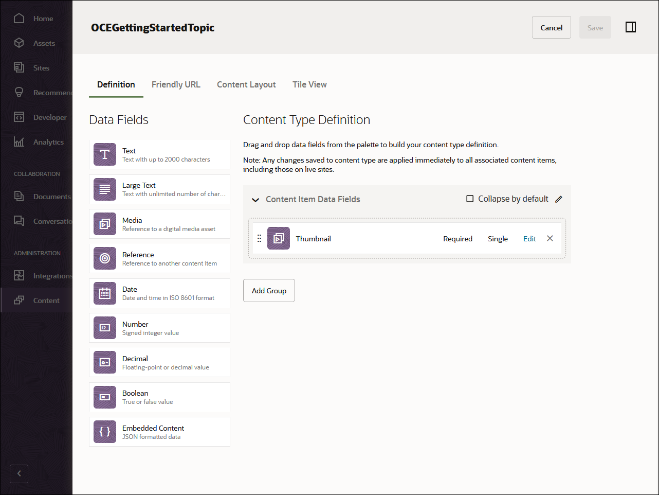 This image shows the definition for the content type 'OCEGettingStartedTopic'. It includes this data field: Thumbnail. This image shows the definition for the content type ‘OCEGettingStartedTopic’. It includes this data field: Thumbnail.