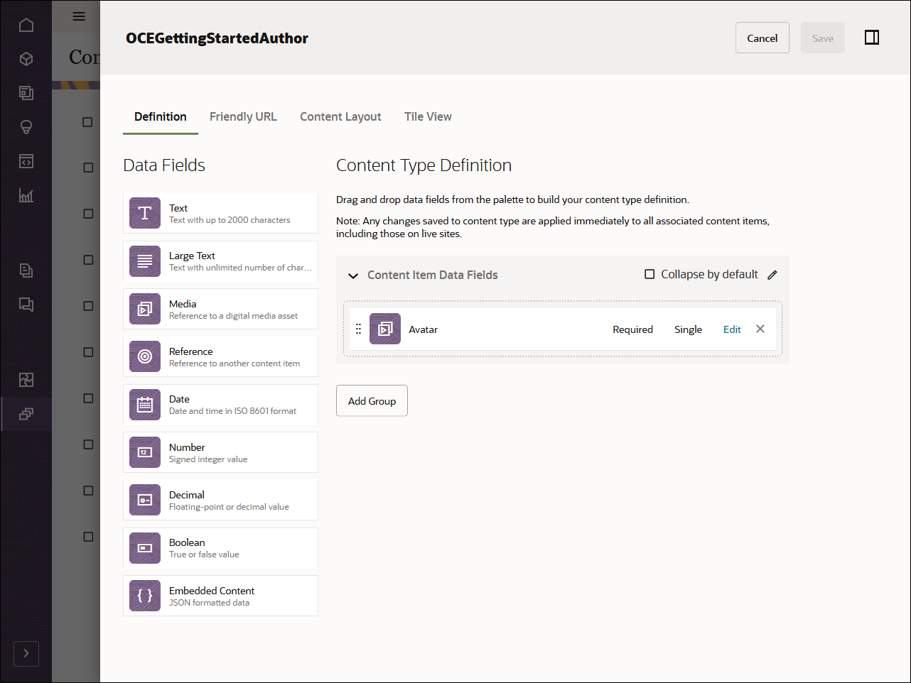 This image shows the definition for the content type 'OCEGettingStartedAuthor'. It includes this data field: Avatar. This image shows the definition for the content type ‘OCEGettingStartedAuthor’. It includes this data field: Avatar.