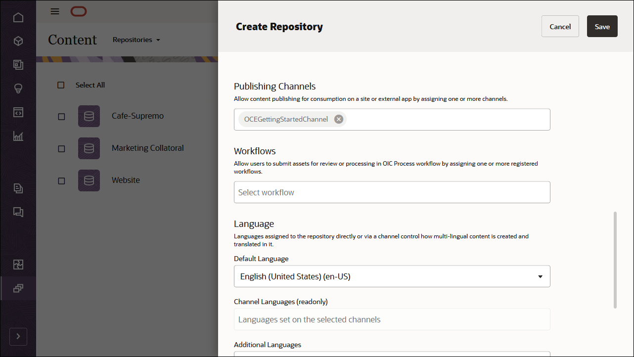 This image shows the repository definition panel, with 'OCEGettingStartedChannel' in the Publishing Channels field. This image shows the repository definition panel, with ‘OCEGettingStartedChannel’ in the Publishing Channels field.