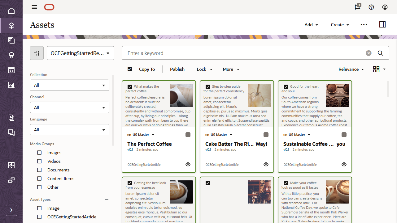 This image shows the OCEGettingStartedRepository repository, with all assets selected and the Publish option in the action bar visible. This image shows the OCEGettingStartedRepository repository, with all assets selected and the Publish option in the action bar visible.