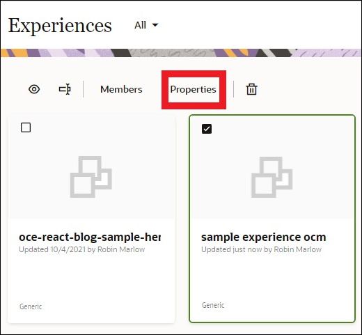 This image shows how to find the properties for an experience object.