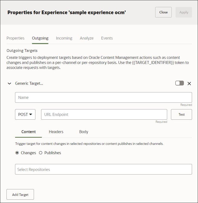 This image shows the Outgoing tab for an experience object.