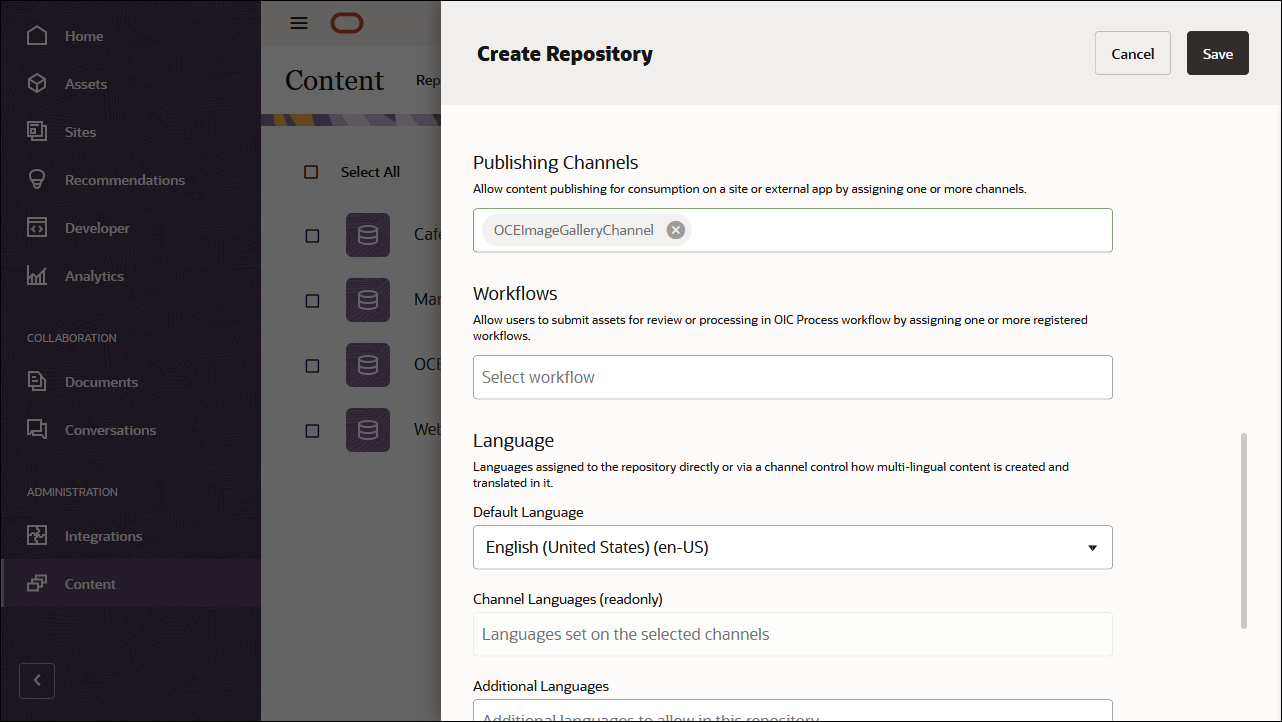 This image shows the repository definition panel, with ‘OCEImageGalleryChannel’ in the Publishing Channels field.