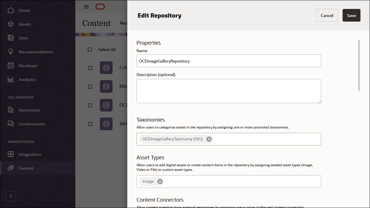 This image shows the repository definition panel, with ‘OCEImageGalleryTaxonomy’ in the Taxonomies field.