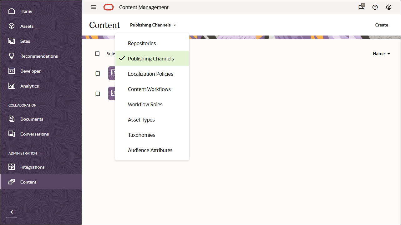 This image shows the Publishing Channels option selected in the dropdown menu in the Content page header.