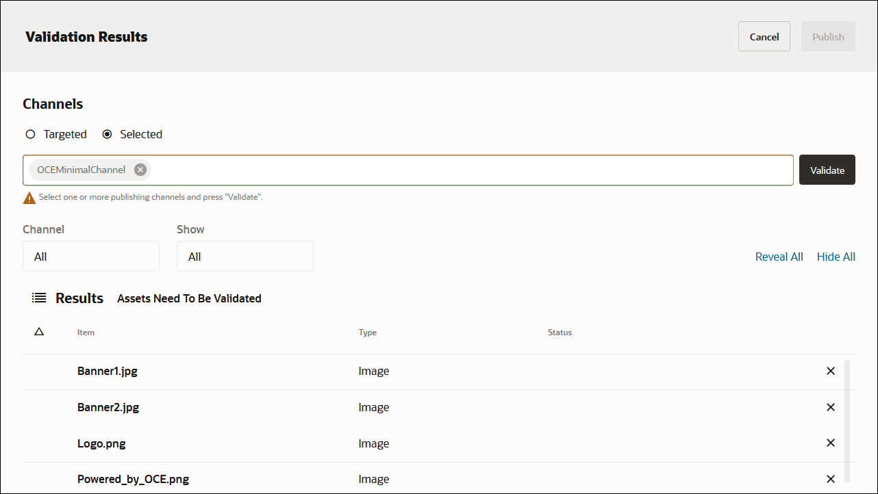 This image shows the Validation Results page, with the OCEMinimalChannel channel added in the Channels field, all assets to be validated, and the Validate button enabled.