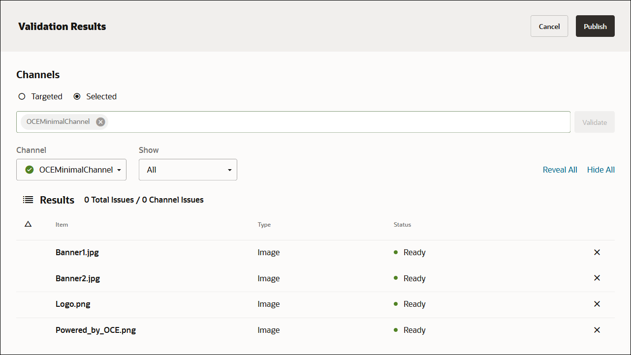 This image shows the Validation Results page, with the OCEMinimalChannel channel added in the Channels field, all assets validated, and the Publish button enabled.