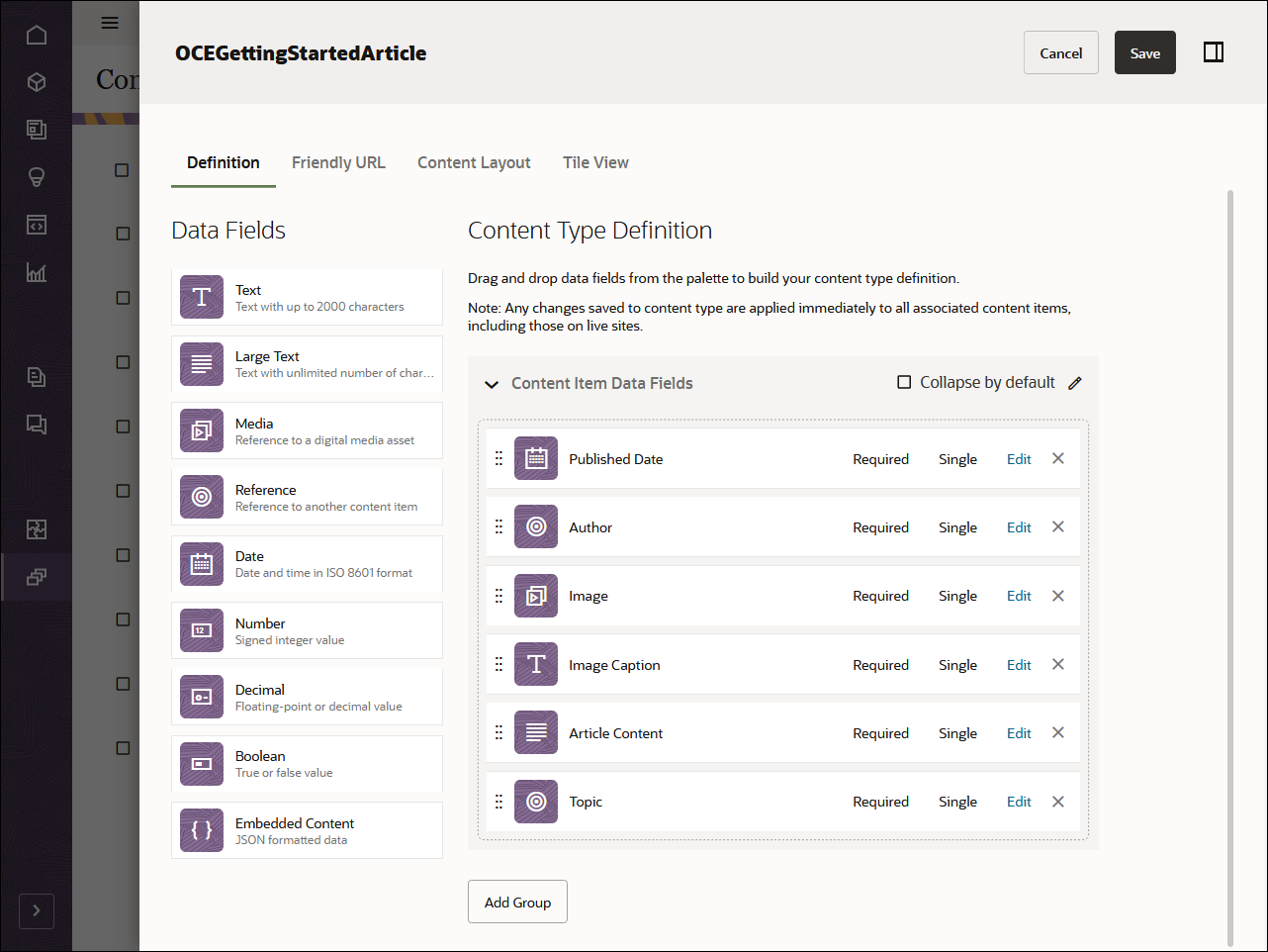 This image shows the definition for the content type ‘OCEGettingStartedArticlePage’. It includes these data fields: Published Date, Author, Image, Image Caption, Article Content, and Topic.
