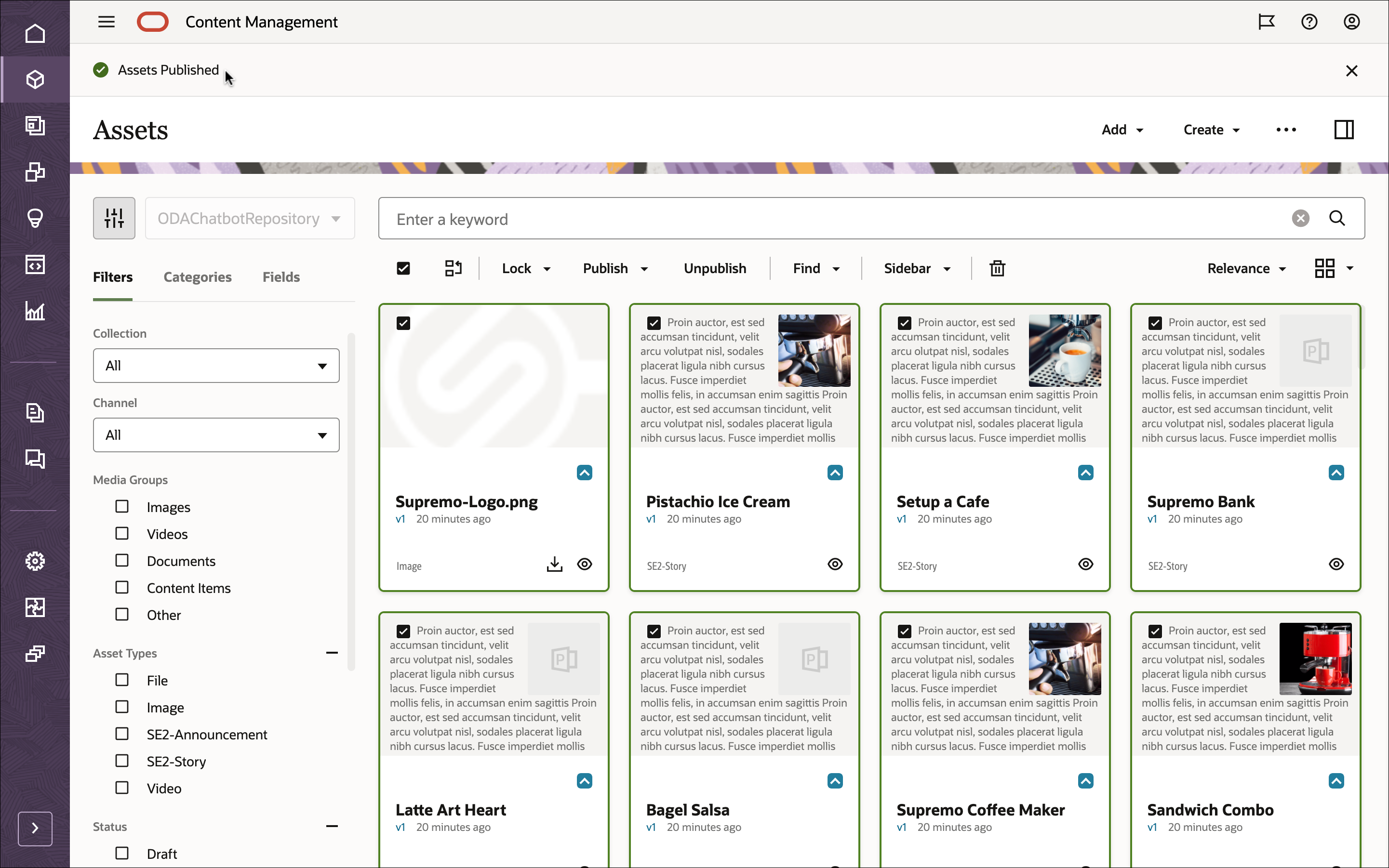 This image shows the Assets page, with all assets pubished.