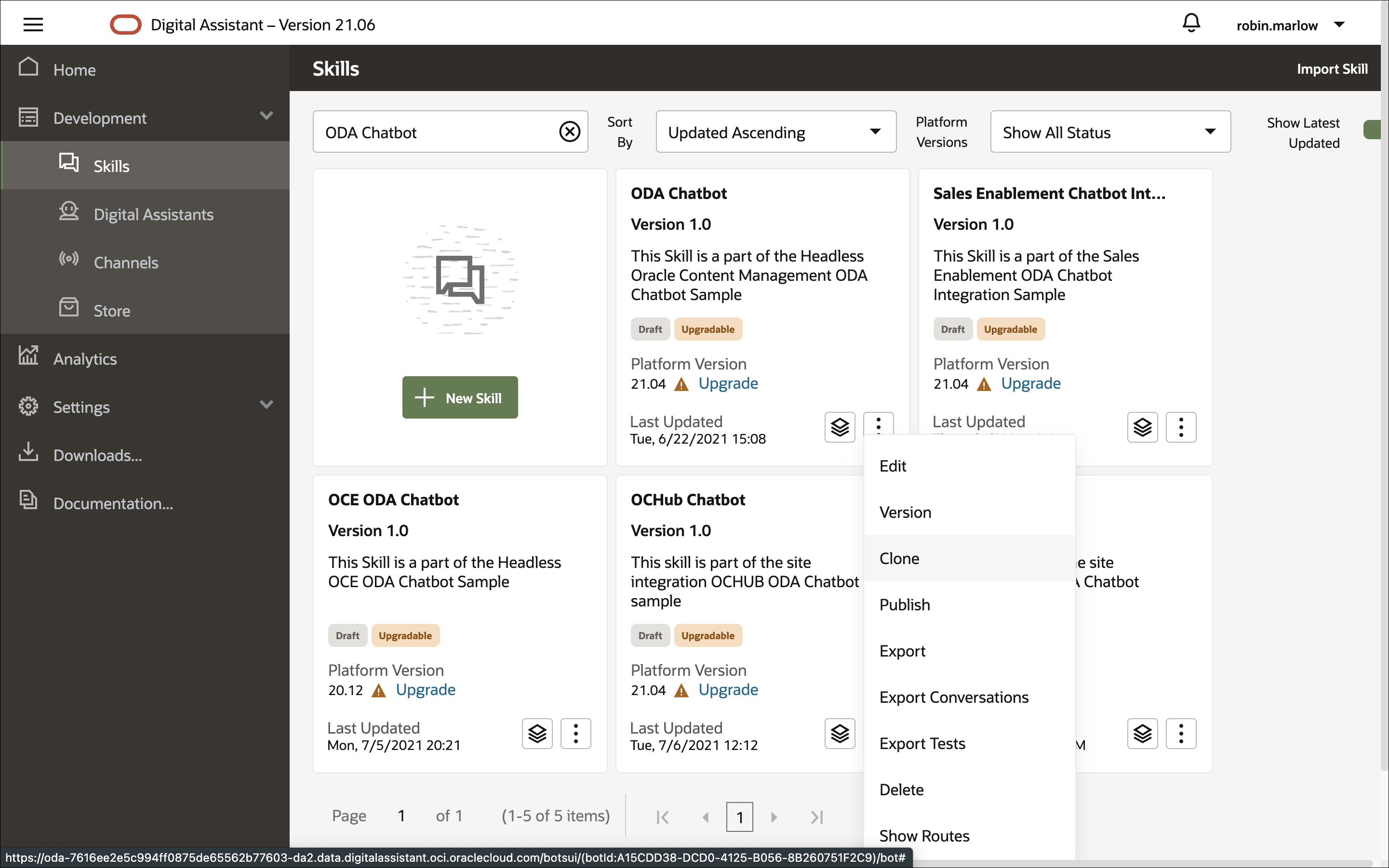 This image shows the Oracle Digital Assistance instance with the left navigation menu open.