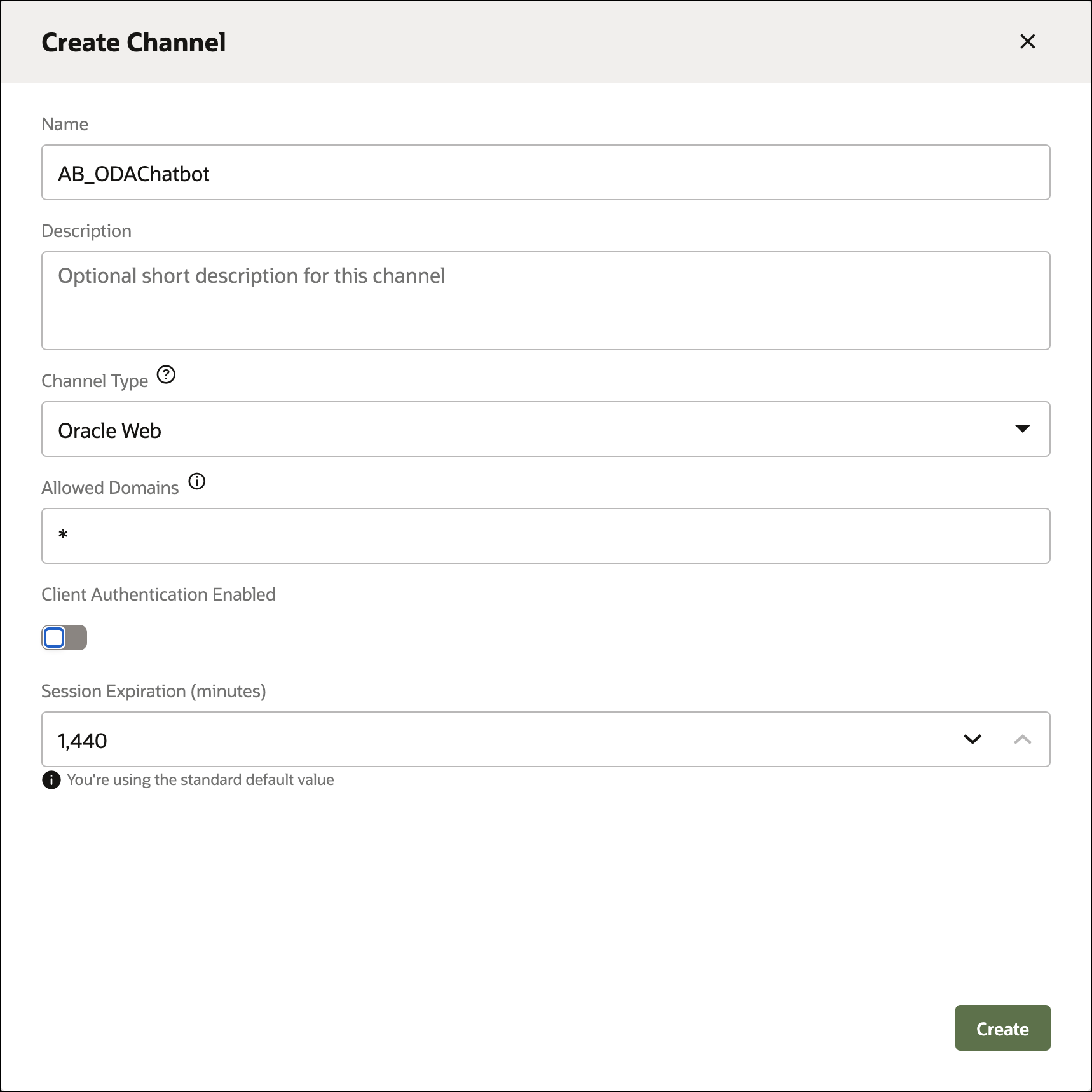 This image shows the Oracle Digital Assistance instance with the left navigation menu open and the Channels option highlighted.