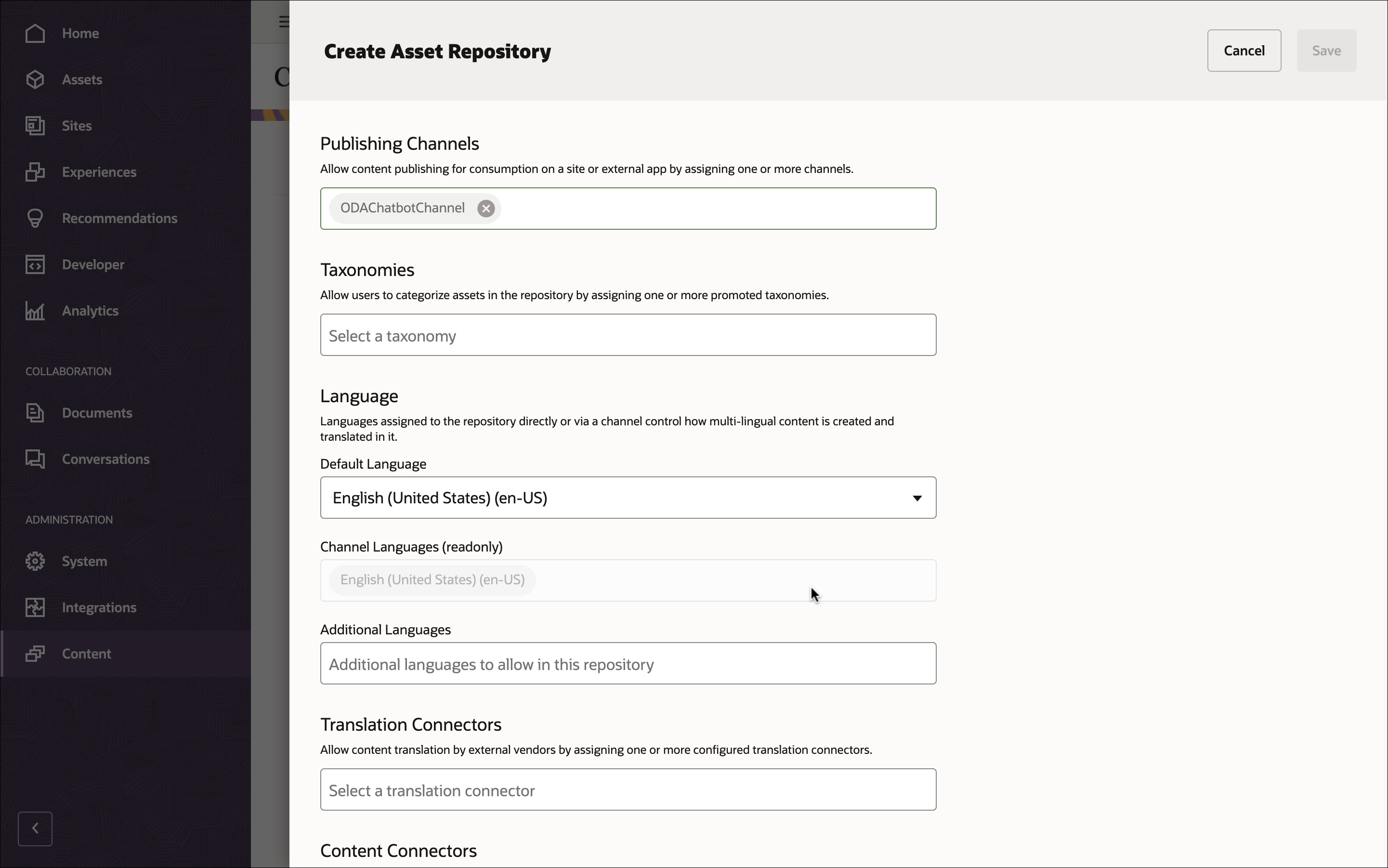This image shows the repository definition panel, with ‘ODAChatbotChannel’ in the Publishing Channels field.