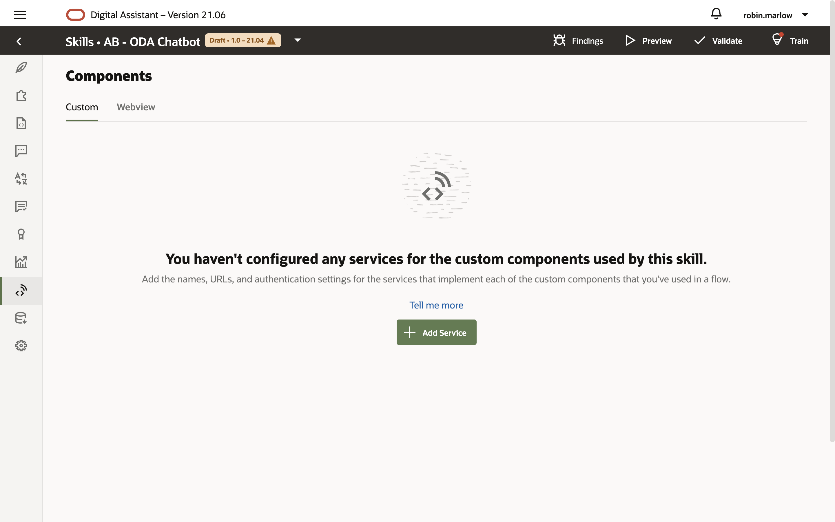 This image shows an empty services page for a skill.