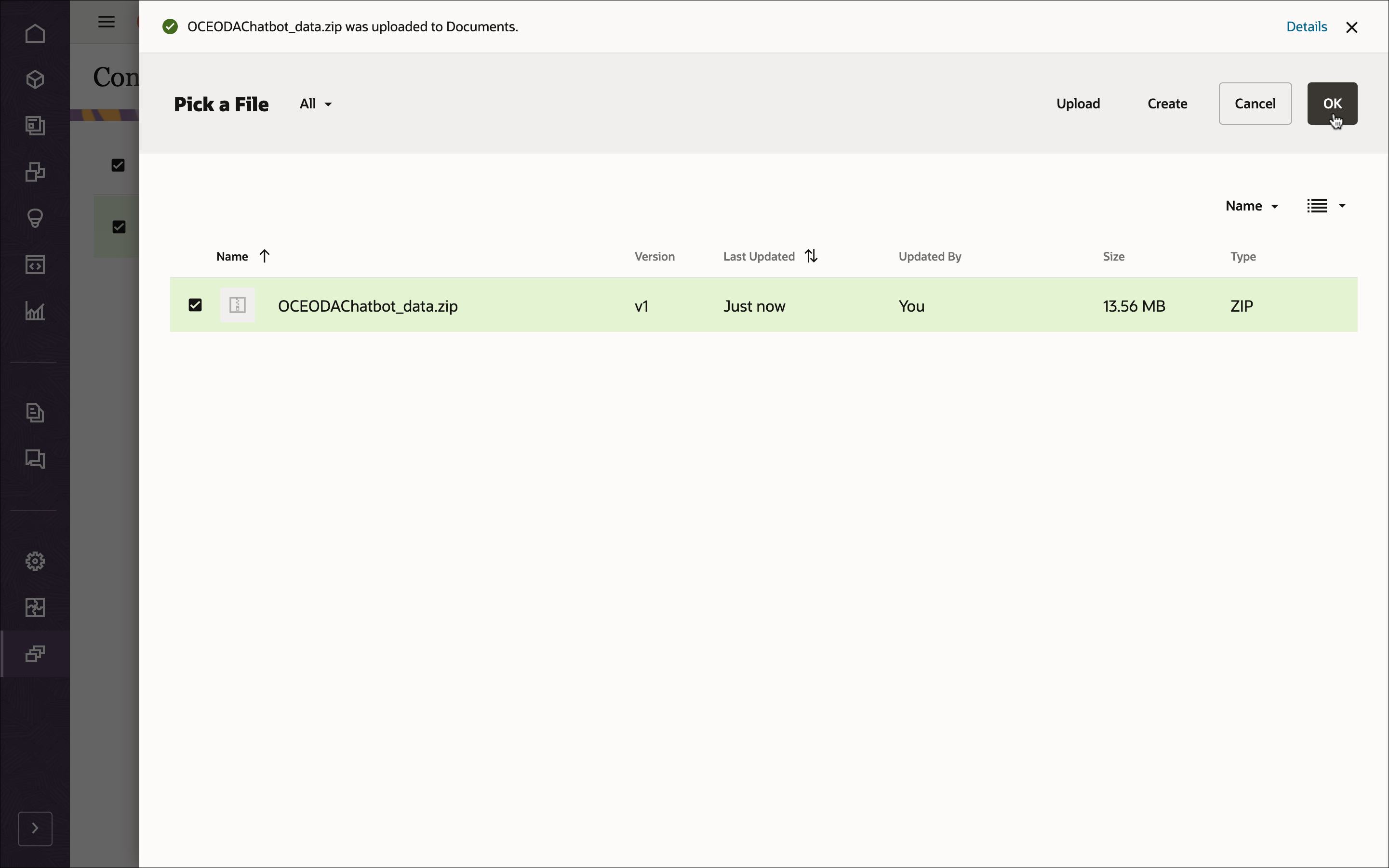 This image shows the selected OCEODAChatbot_data.zip file with the OK button enabled.
