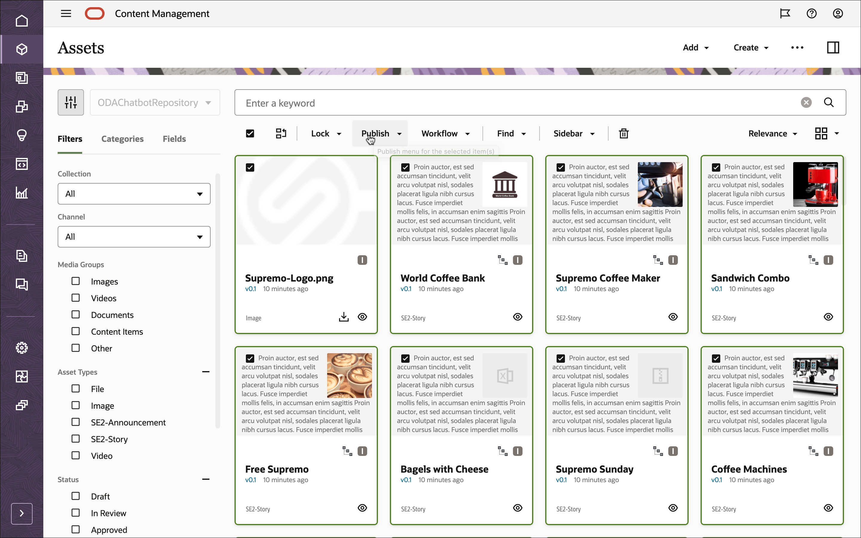 This image shows the ODAChatbotRepository repository, with all assets selected and the Publish option in the action bar visible.