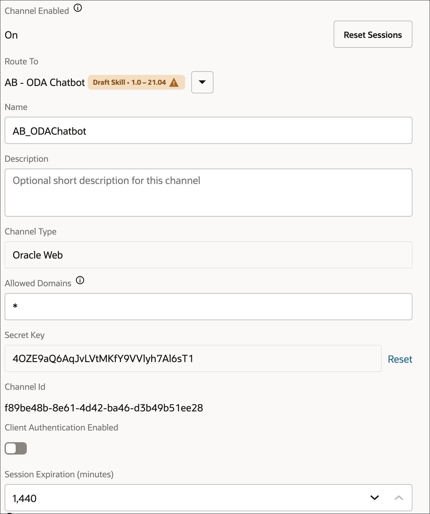 This image shows the Channels page with the routing information for the chatbot.