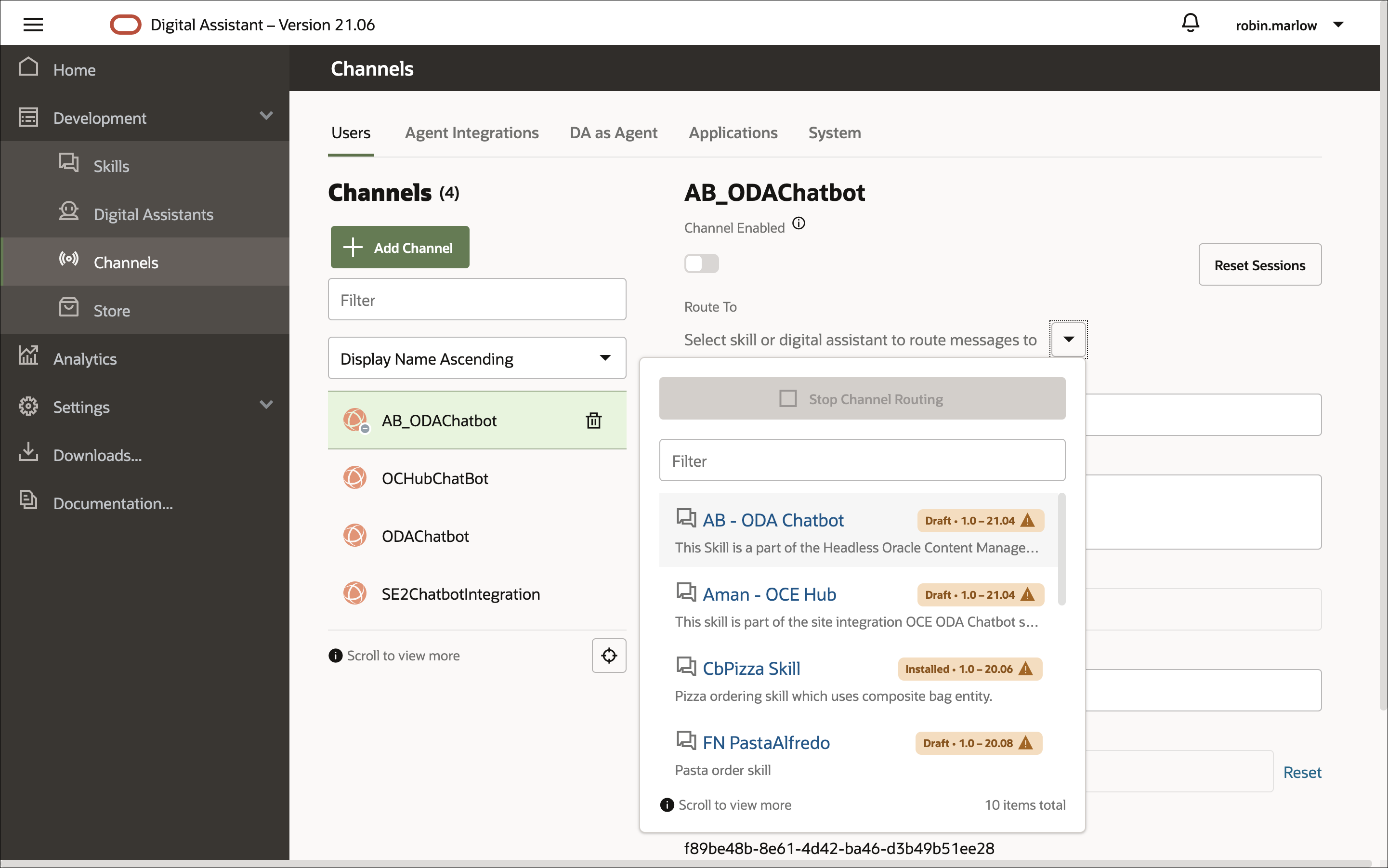 This image shows the Channels page with the Route To dropdown list open.