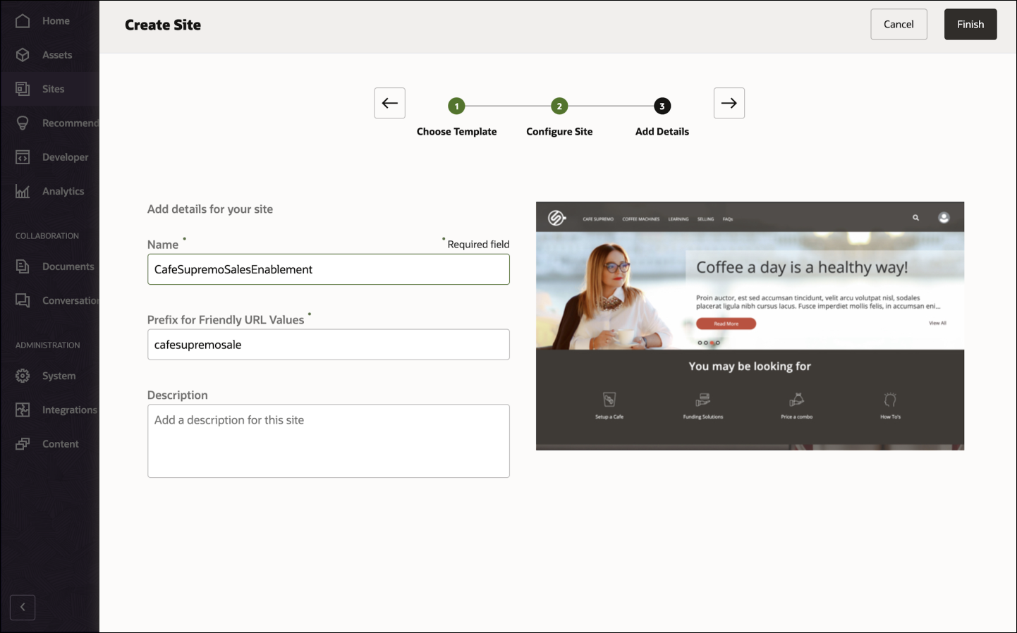This image shows the site details page in the Oracle Content Management web interface.