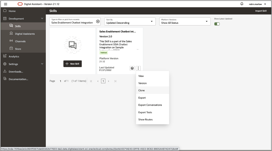 This image shows the context menu for a Sales Enablement Chatbot Integration skill.