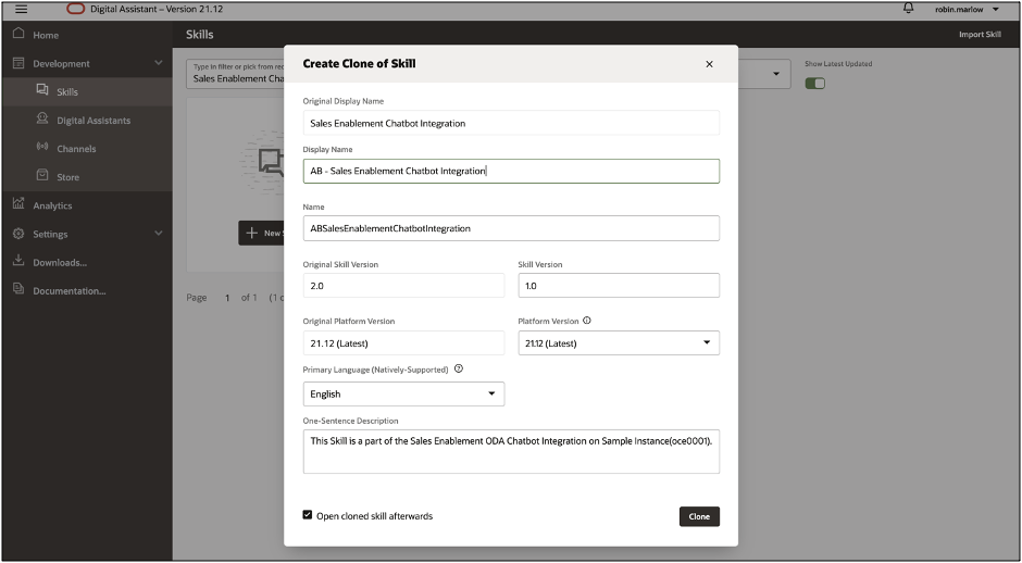 This image shows the dialog for creating clone of skill.