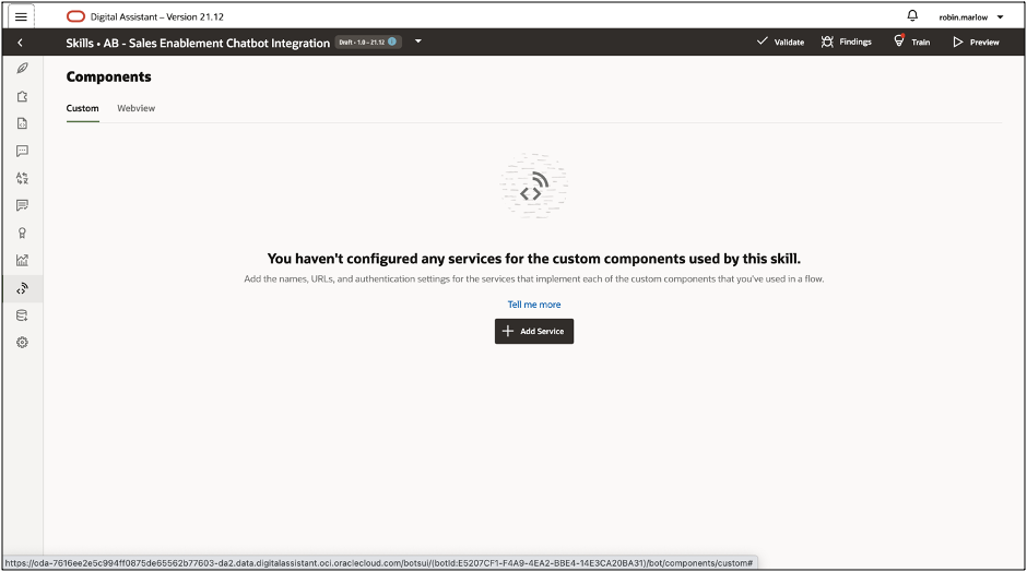 This image shows an empty services page for a skill.