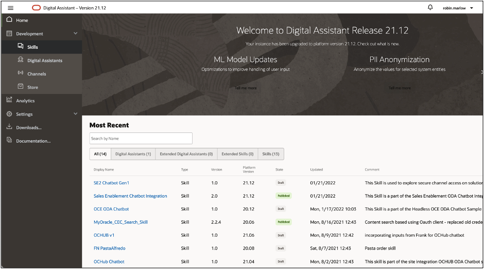 This image shows the Oracle Digital Assistance instance with the left navigation menu open and the Skills option highlighted.