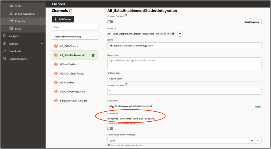 This image shows the Channels page with the routing information for the chatbot.