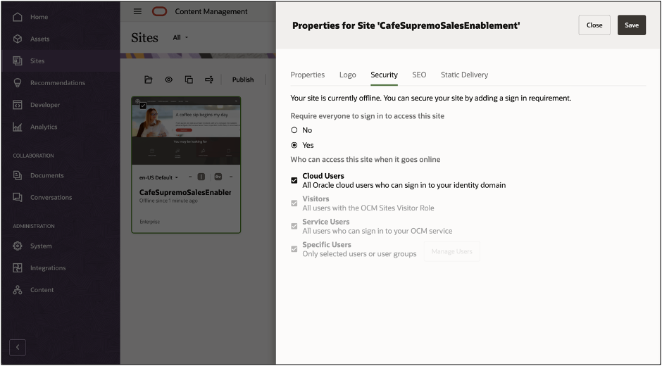 This image shows the properties drawer for your site.