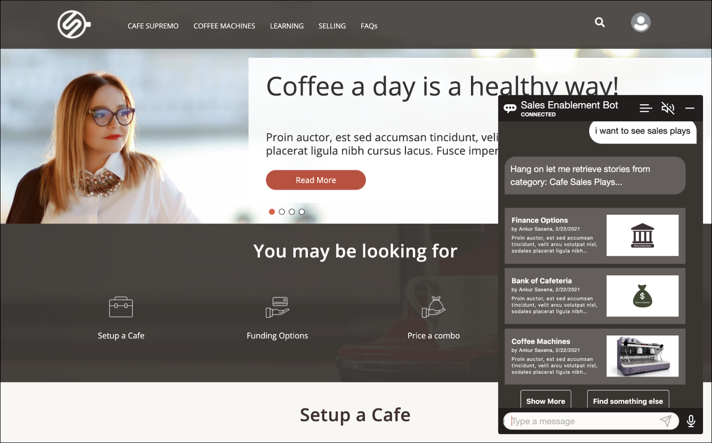This image shows the sales enablement site landing page with the chatbot window open and an ongoing conversation.