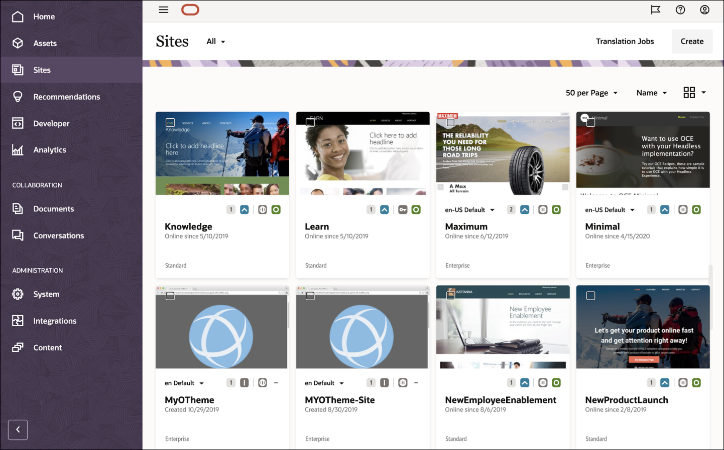 This image shows the Sites landing page in the Oracle Content Management web interface, with a Create button in the top-right corner.