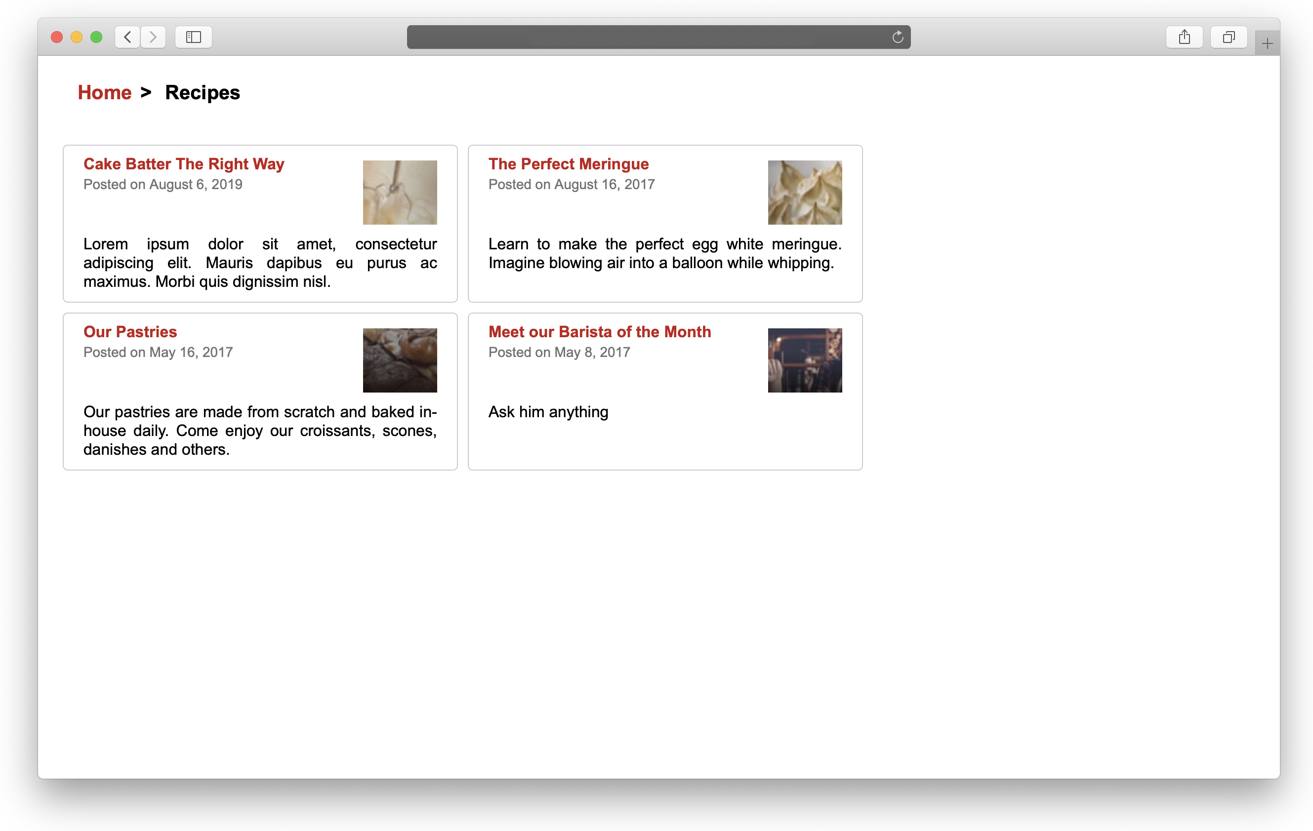This image shows a topic page called ‘Recipes’ with a list of the available articles for that topic.