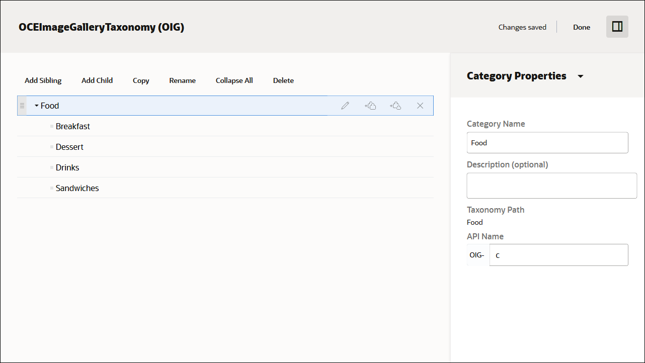 This image shows the category definition page, with ‘Food’ as the parent category and these child categories: Breakfast, Dessert, Drinks, and Sandwiches.