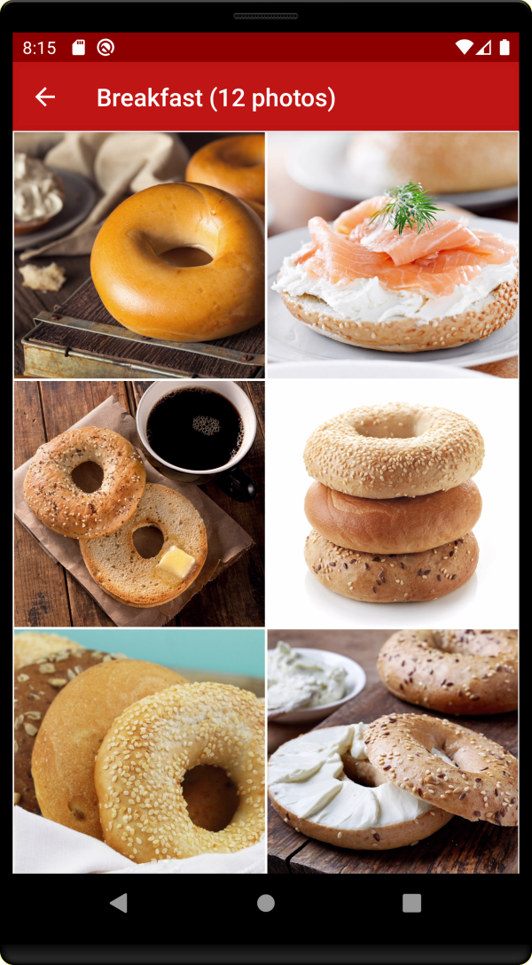 This image shows an image gallery with different kinds of bagels, some with cream or toppings, or both.