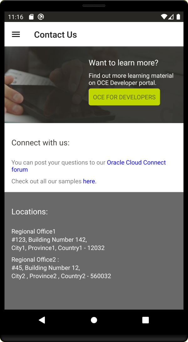 This image shows the contact us page for an React Native minimal site.