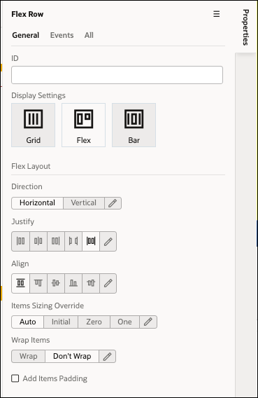 This image shows the Flex component properties panel.