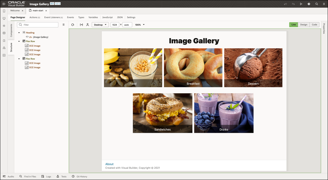 This image shows the home page design in Oracle Visual Builder.