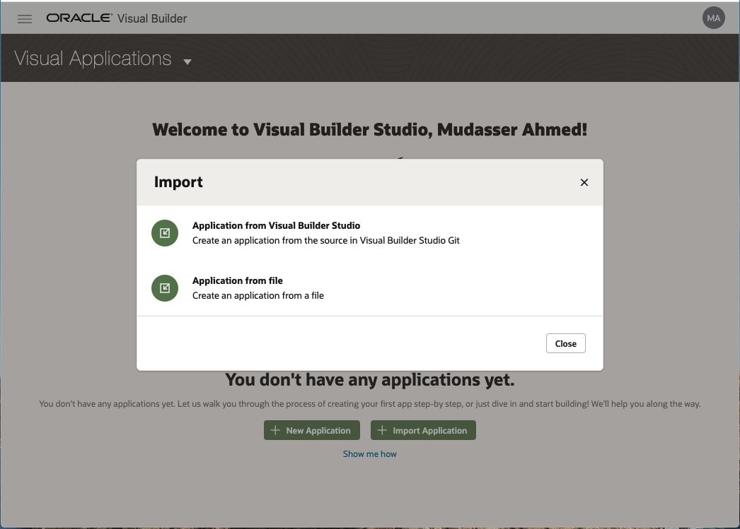 This image shows the import dialog in Oracle Visual Builder.