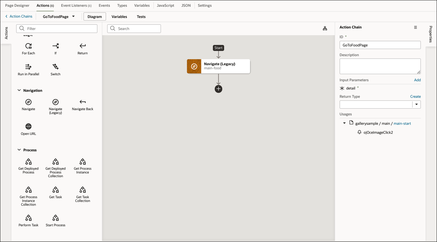 This image shows the page navigation definition screen in Oracle Visual Builder.