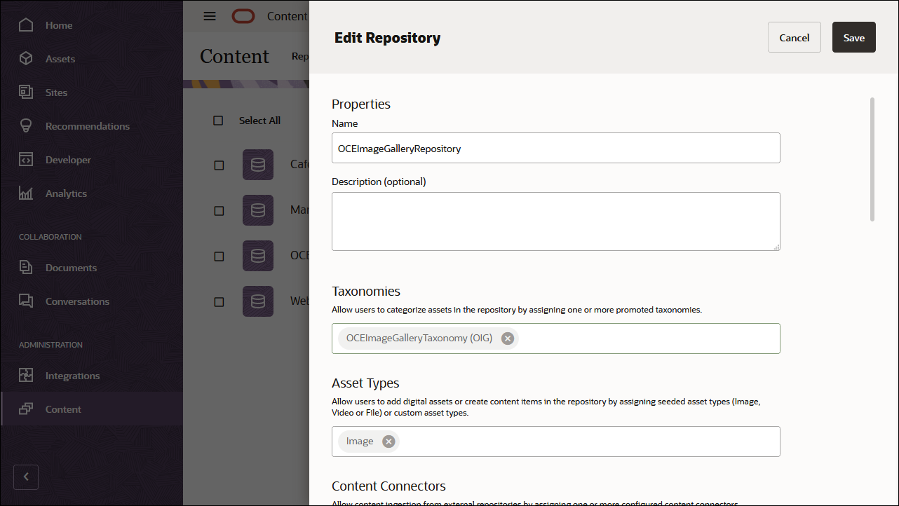 This image shows the repository definition panel, with ‘OCEImageGalleryTaxonomy’ in the Taxonomies field.