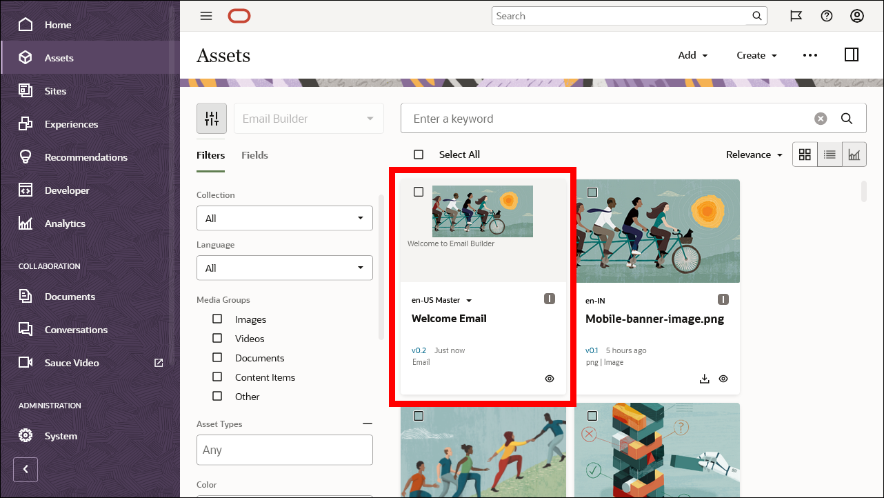 Create Content Item page with selected email template.