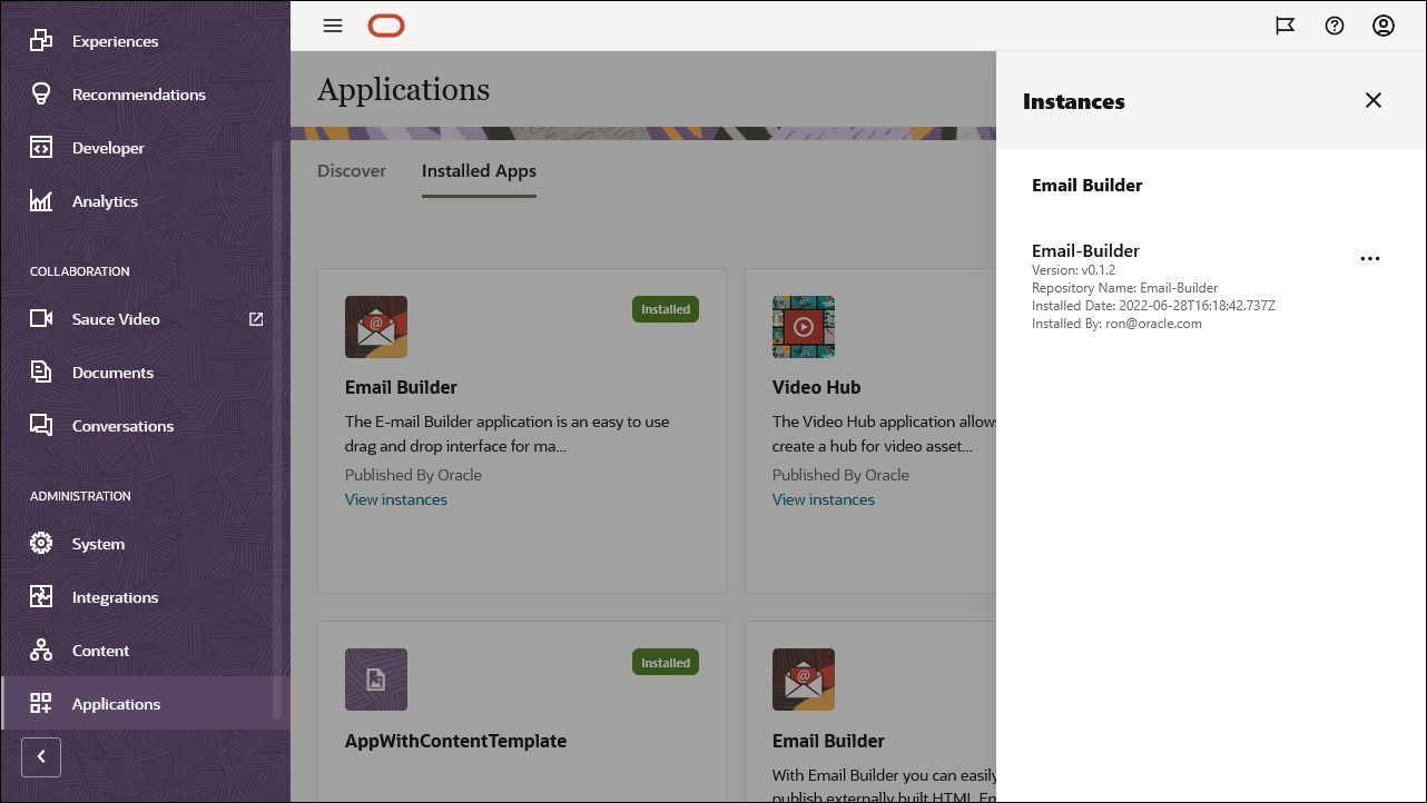 Applications page with installed Email Builder instances.