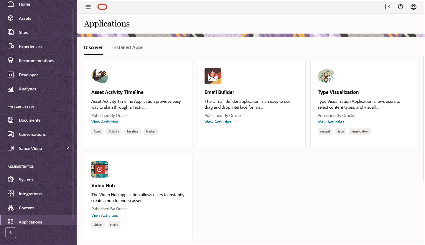 Landing page for the applications portal in the Oracle Content Management web interface.